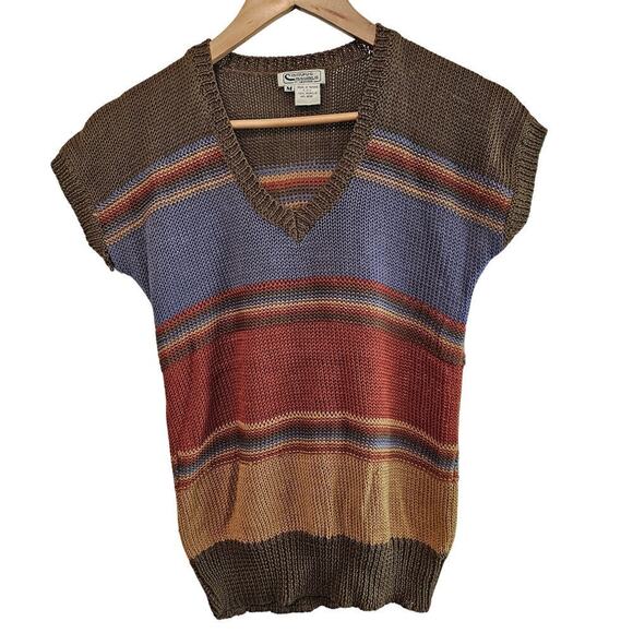 Vintage 80s Sweater Womens Medium Brown Knit Short Sleeve V-Neck Mod Striped - Picture 1 of 7